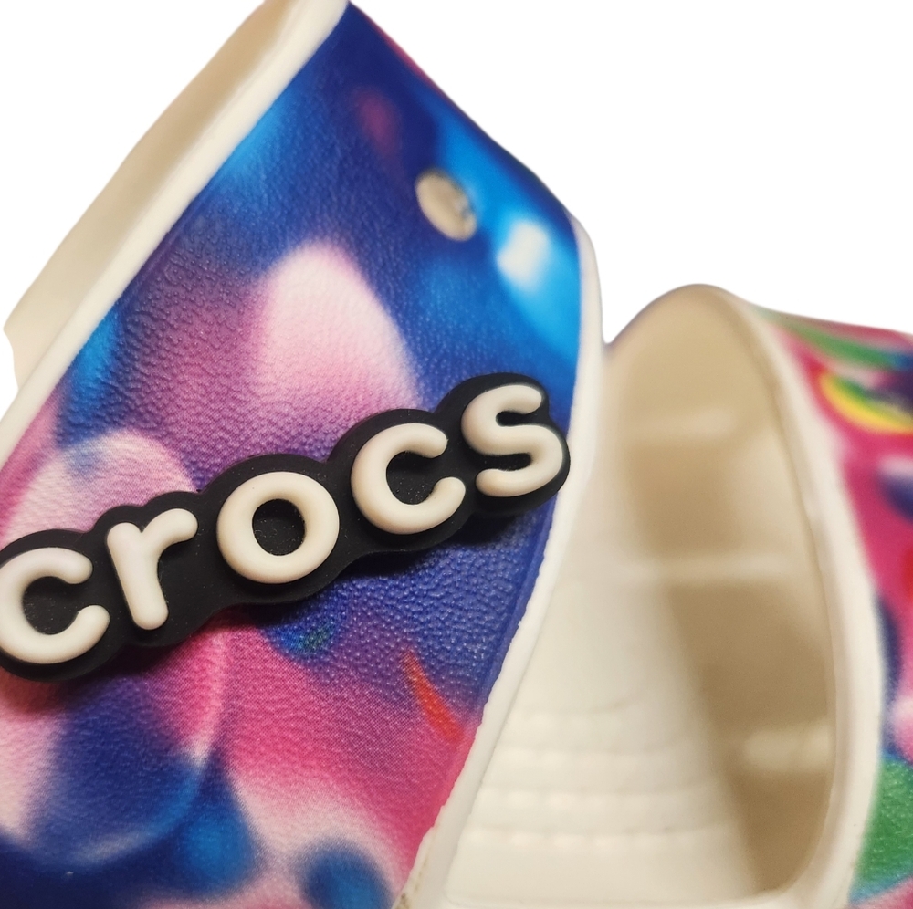 CROCS Iconic Comfort White Slides with Rainbow Tie-Dye Straps M5 W7 - Picture 2 of 8